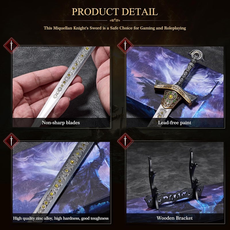 RACEROCKET Eldens Rings Miquellan Knight's Sword Model 11.8-Inch Metal Craft Sword with Display Stand Martial Arts Swords Action Figure Collectible Toy Desk Decor Party Supply Gift - Image 3